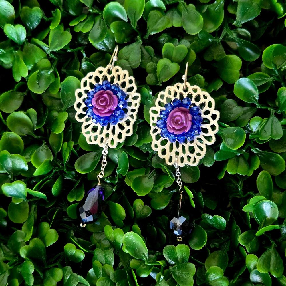 Silver Dangle whimsygoth earrings with purple flower and teardrop gem accents